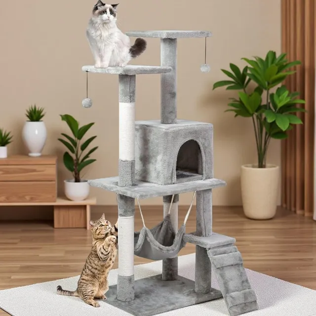 blooming time Cat Tree Tower for Indoor Cats — Multi-Level Cat Condo with 4 Sisal Scratching Posts, Cozy Hammock & Condo House, Ladder & Rest Platforms, Plush & Stable Activity Center (120×49×39 cm, Grey)