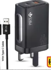U&i شاحن GaN مع كابل Type-C بتقنية PD+Super VOOC بمحرك مزدوج 45W