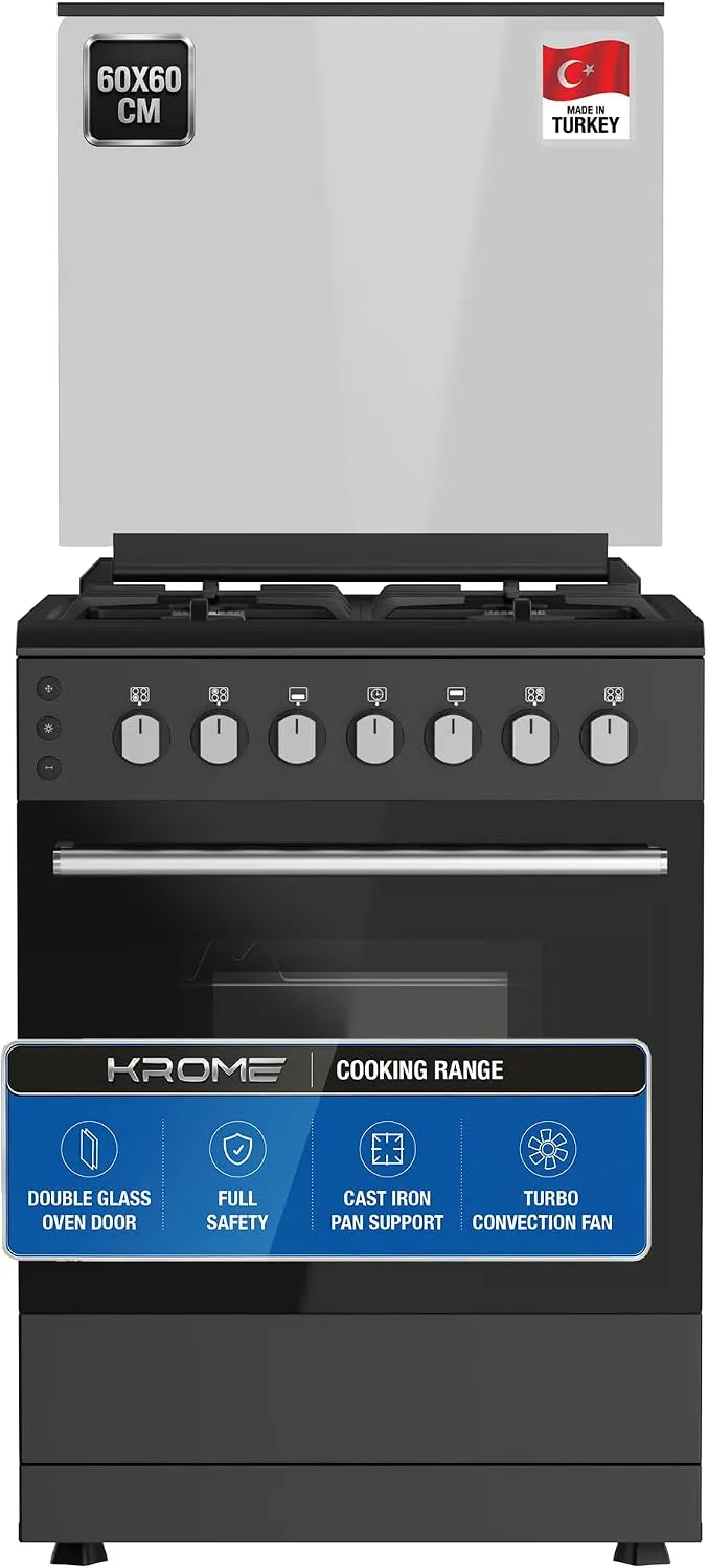 Krome فرن طهي غاز 60x60 KR-CR6062BO – طباخ غاز 4 شعلات مع فرن وشواية مروحة توربو شبك حديد زهر أمان كامل أسود