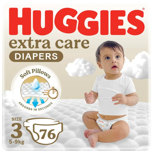 Huggies Extra Care Baby Diapers, Size 3 (5- ), Jumbo Pack, 76 Diapers