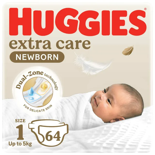 Huggies Extra Care Newborn Baby Diapers, Size 1 (Up to ), Jumbo Pack, 64 Diapers