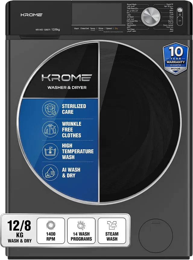 Krome 12/ Front Loading Washer Dryer Machine - KR-WD128STI