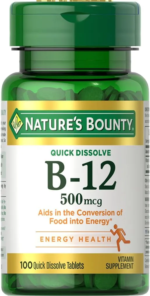 Nature'S Bounty مكمل فيتامين B12، يدعم الأيض وصحة الجهاز العصبي، 500mcg، بنكهة الكرز 100 قرص، يدعم استقلاب الطاقة وصحة الجهاز العصبي
