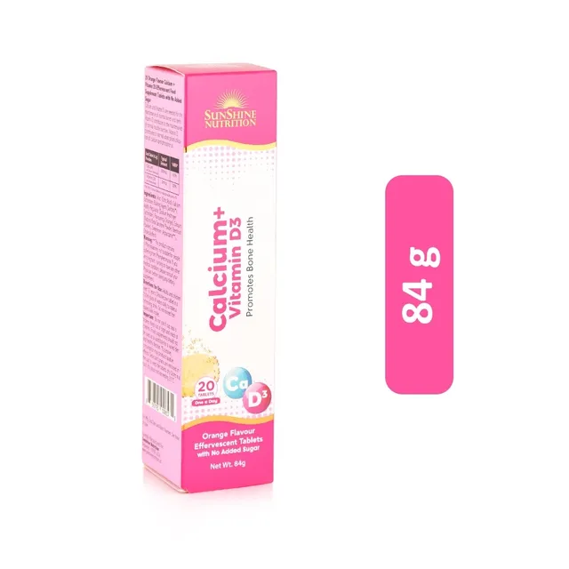 Sunshine Nutrition Calcium + Vitamin D3 Orange Flavour Effervescent Tablets - 20 Tablets