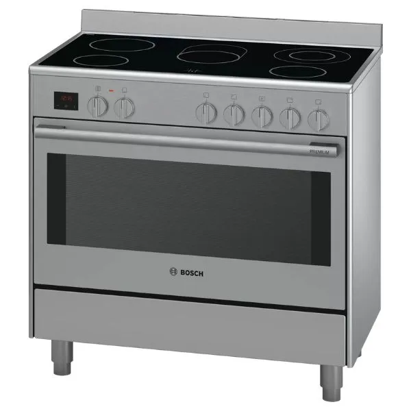 Bosch FS Ceramic Cooker 90 cm Full electric Stainless Steel Electric Oven 8 heating modes Electronic display Flap door 5 High Speed cooking zones