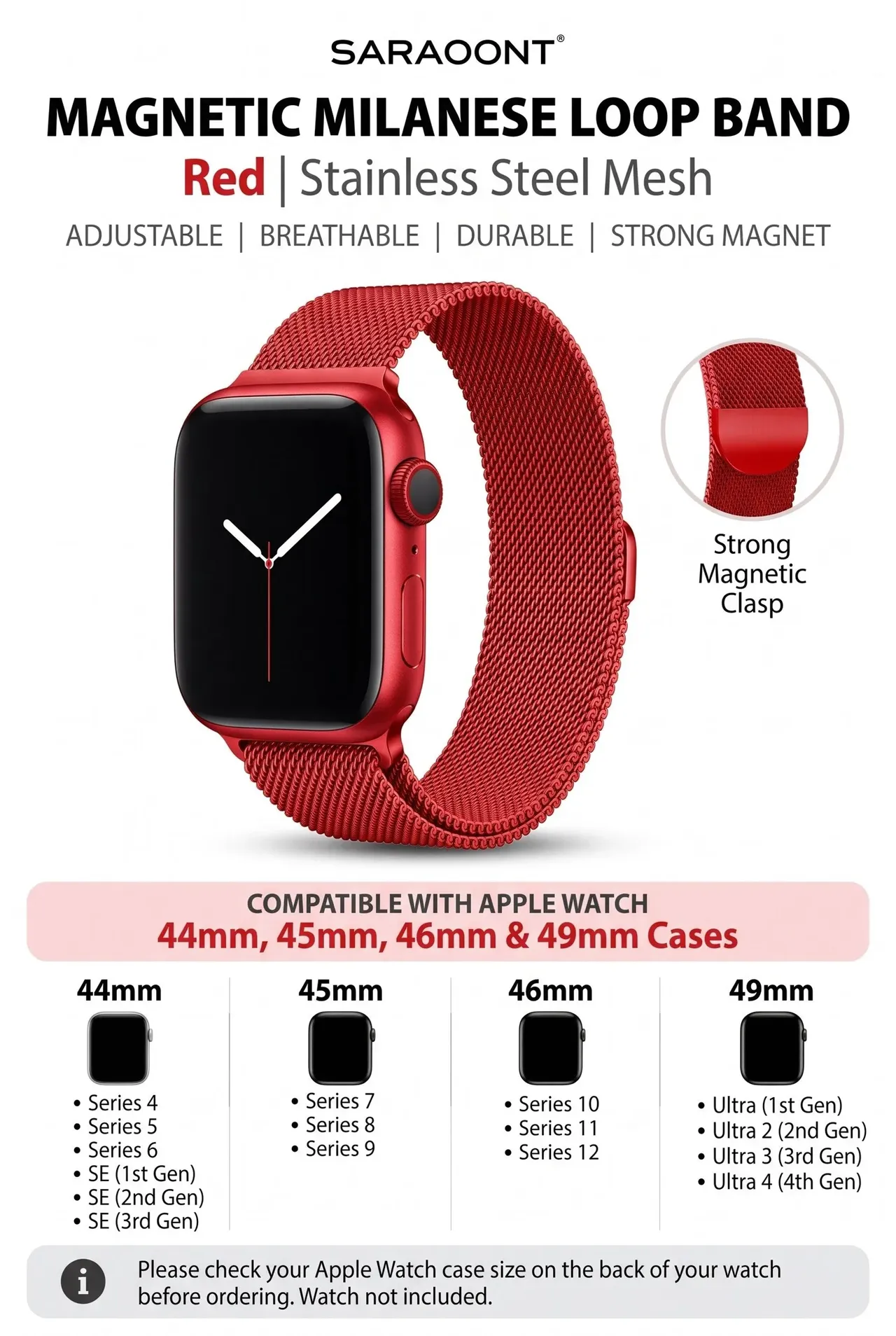 saraoont حزام حلقة ميلانيز مغناطيسي متوافق مع Apple Watch مقاسات 44mm 45mm 46mm 49mm، Series 12 11 10 9 8 7 6 5 4 وSE وUltra، حزام شبكي من الستانلس ستيل قابل للتعديل - أحمر