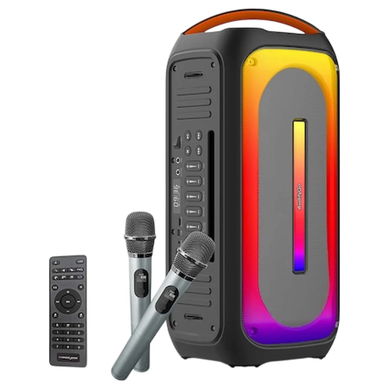 Magic Sing مكبر صوت كاريوكي محمول Magic Star AudifyGo BB360 مع 2 ميكروفون لاسلكي UHF شاشة LED تعزيز باس أسود 60 W