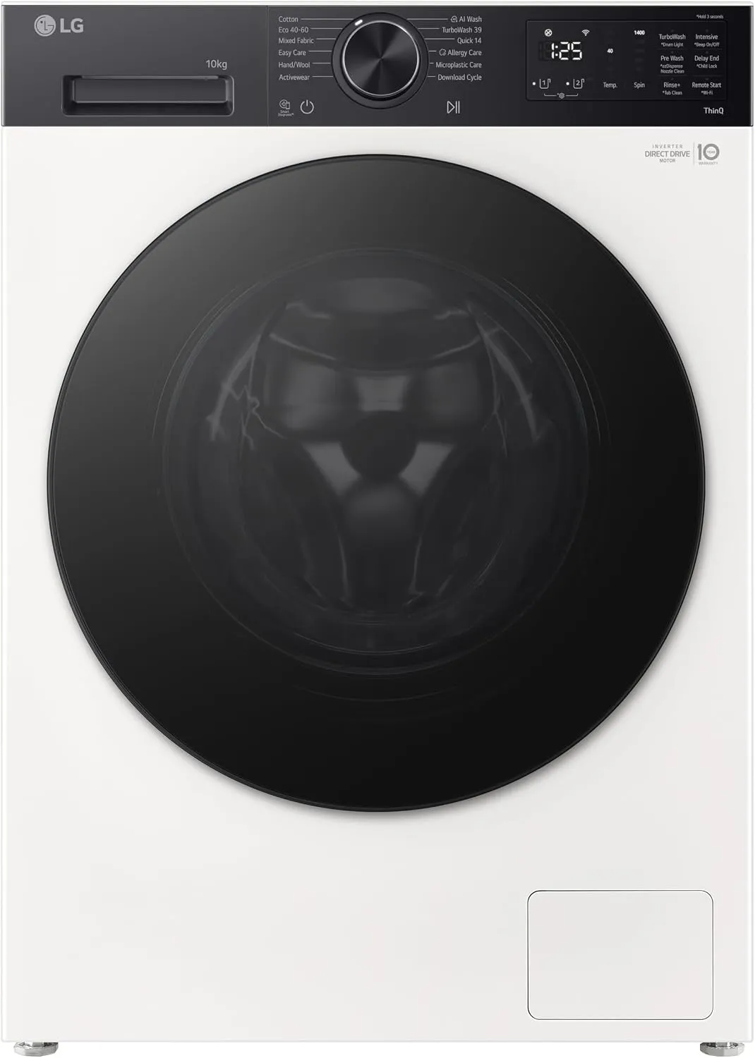 LG غسالة تحميل أمامي - 1400 RPM - تصنيف ESMA ‏4 نجوم - إضافة قطعة - ThinqTM - باب بلون أسود خفيف - محرك AI DDTM - ضمان 1 سنة للوحدة و10 سنوات للمحرك - F4X5RYP28 - صنع في الصين - اللون أبيض
