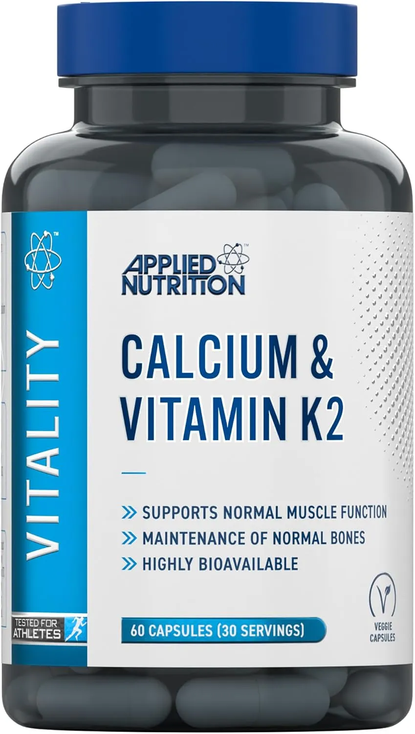 Applied Nutrition – كالسيوم وفيتامين K2 – تركيبة مزدوجة المفعول – دعم مثالي للعظام – دعم مثالي لوظيفة العضلات – امتصاص عال وتوافر حيوي – (60 كبسولة – 30 حصة)