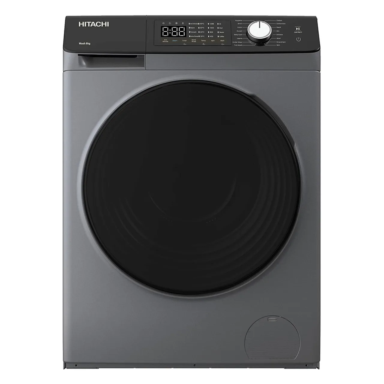 Hitachi غسالة تحميل أمامي، 1200 RPM، ضمان 10 سنوات على محرك الانفرتر، 16 برنامجا، رمادي داكن، BD-802HVOS