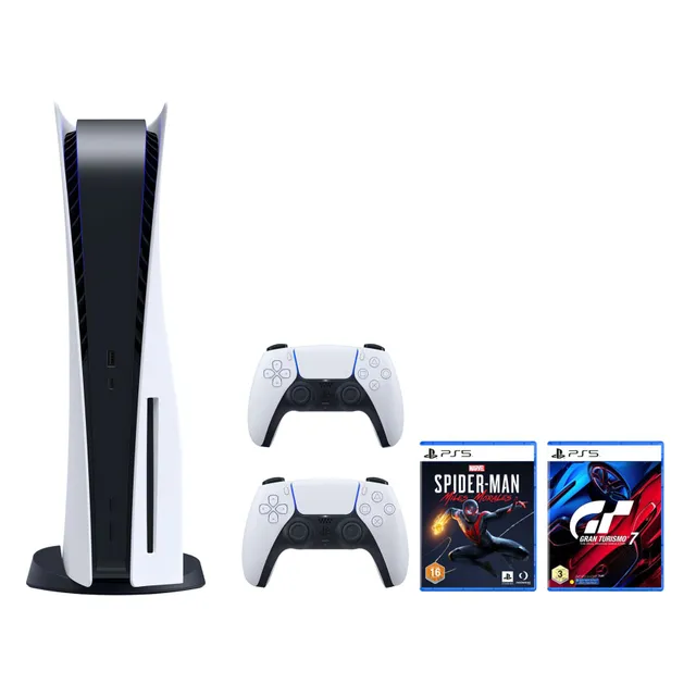 sony PlayStation 5 Console 825GB With DualSense Wireless Controllers And Marvel's Spider-Man Miles Morales And Gran Turismo 7 Games White