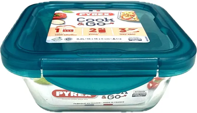 Pyrex Cook & Go Glass Square Dish with Blue Lid