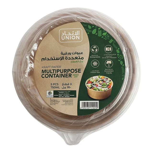 Union Kraft Paper Multipurpose Container with Lid, 5 Pcs